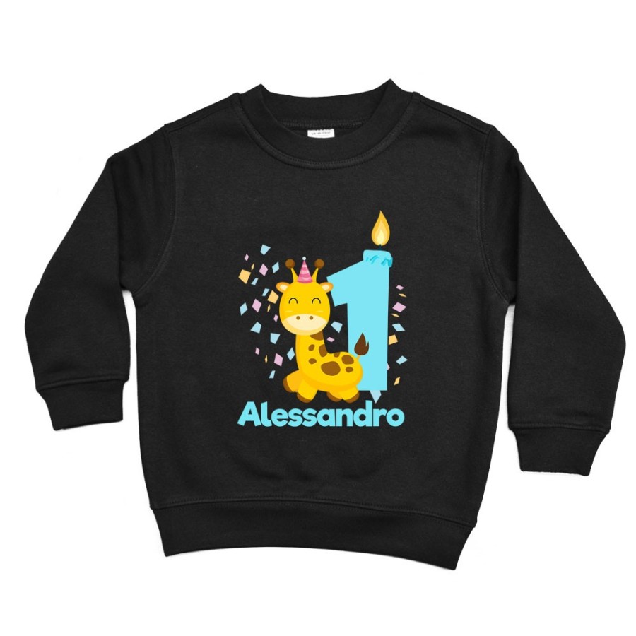 Felpa bambino personalizzata con nome festa a tema giraffa e coriandoli Compleanno