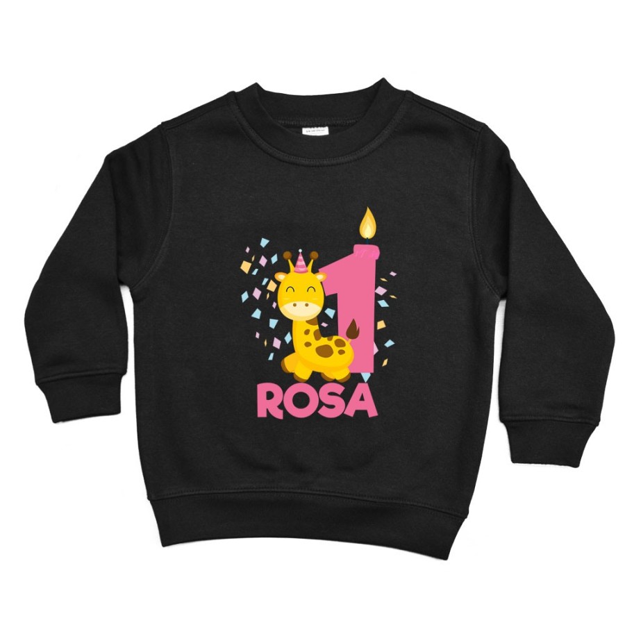 Felpa bambino personalizzata con nome festa a tema giraffa e coriandoli Compleanno