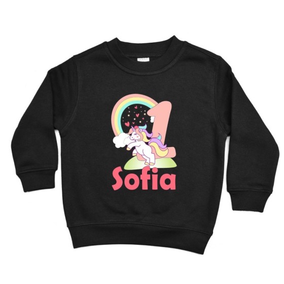 Felpa bambino personalizzata con nome festa a tema unicorno e arcobaleno Compleanno