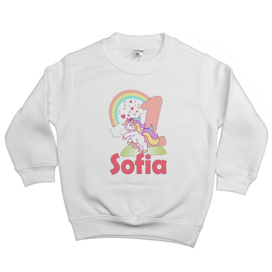 Felpa bambino personalizzata con nome festa a tema unicorno e arcobaleno Compleanno