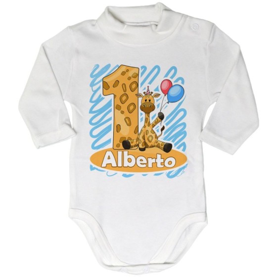 Body lupetto neonato personalizzato con nome festa a tema giraffa con palloncini Compleanno