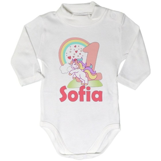 Body lupetto neonato personalizzato con nome festa a tema unicorno e arcobaleno Compleanno