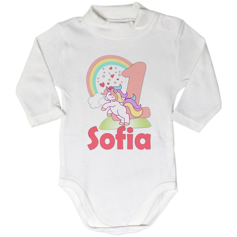 Body lupetto neonato personalizzato con nome festa a tema unicorno e arcobaleno Compleanno