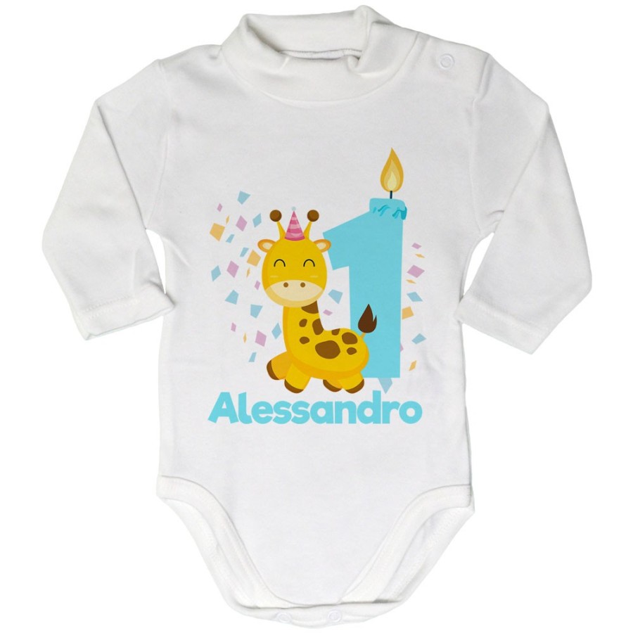 Body lupetto neonato personalizzato con nome festa a tema giraffa e coriandoli Compleanno