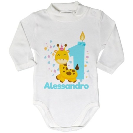 Body lupetto neonato personalizzato con nome festa a tema giraffa e coriandoli Compleanno