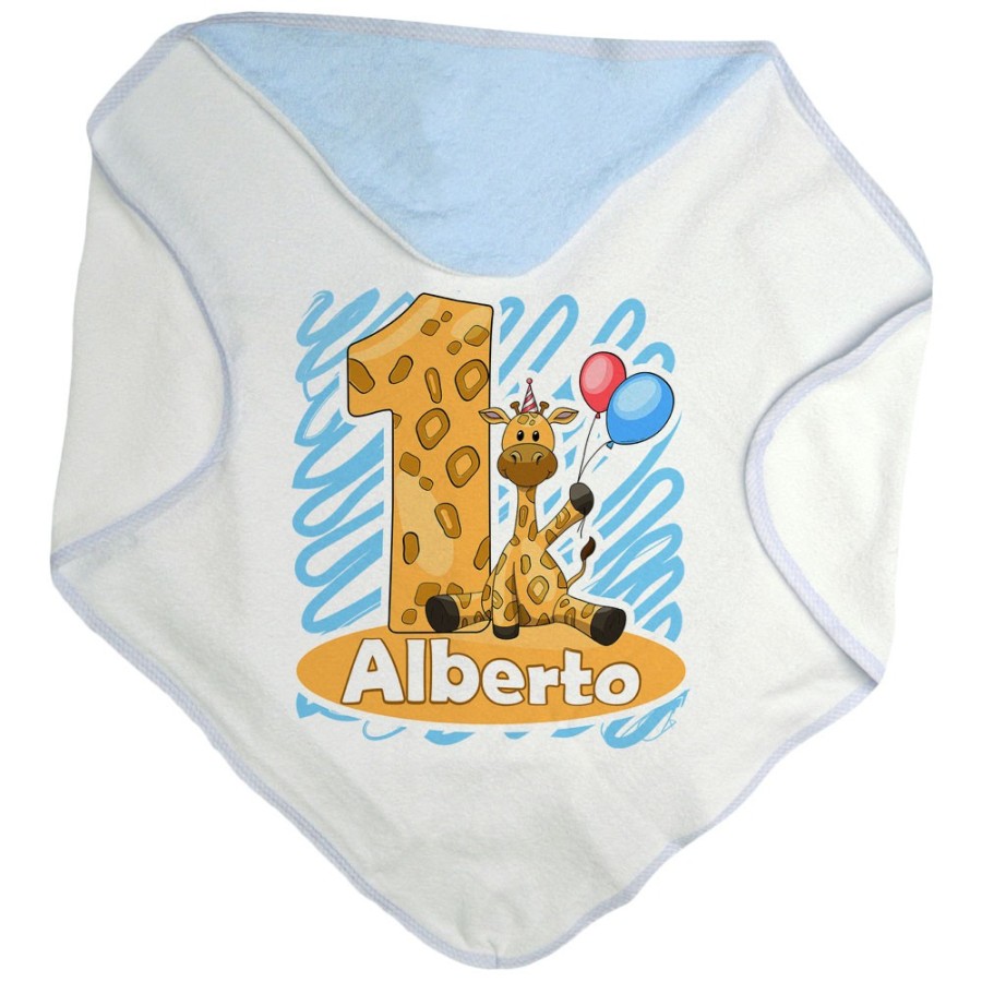 Accappatoio neonato personalizzato con nome festa a tema giraffa con palloncini Compleanno