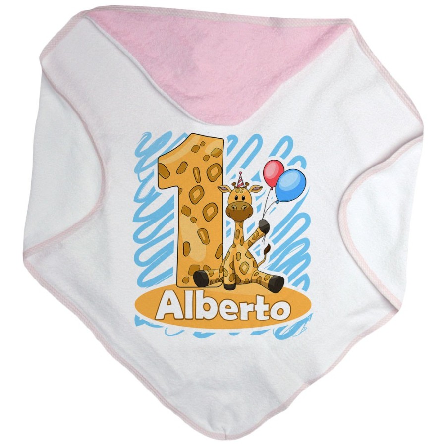 Accappatoio neonato personalizzato con nome festa a tema giraffa con palloncini Compleanno