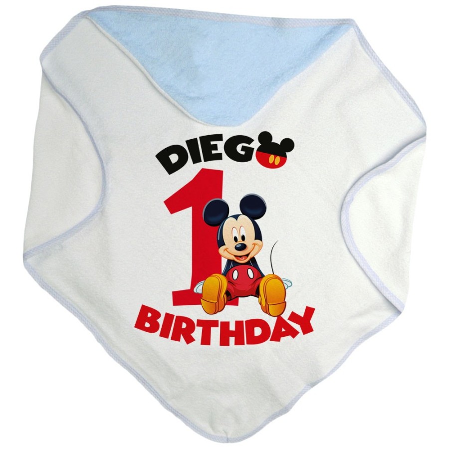 Accappatoio neonato personalizzato con nome festa a tema topolino seduto Compleanno
