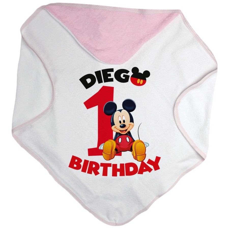 Accappatoio neonato personalizzato con nome festa a tema topolino seduto Compleanno