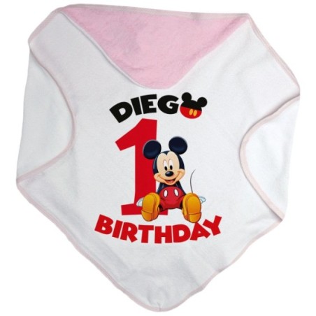 Accappatoio neonato personalizzato con nome festa a tema topolino seduto Compleanno