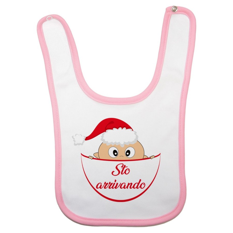 Bavaglino neonato bimbo che esce dalla tasca con cappello di babbo natale sto arrivando Natale