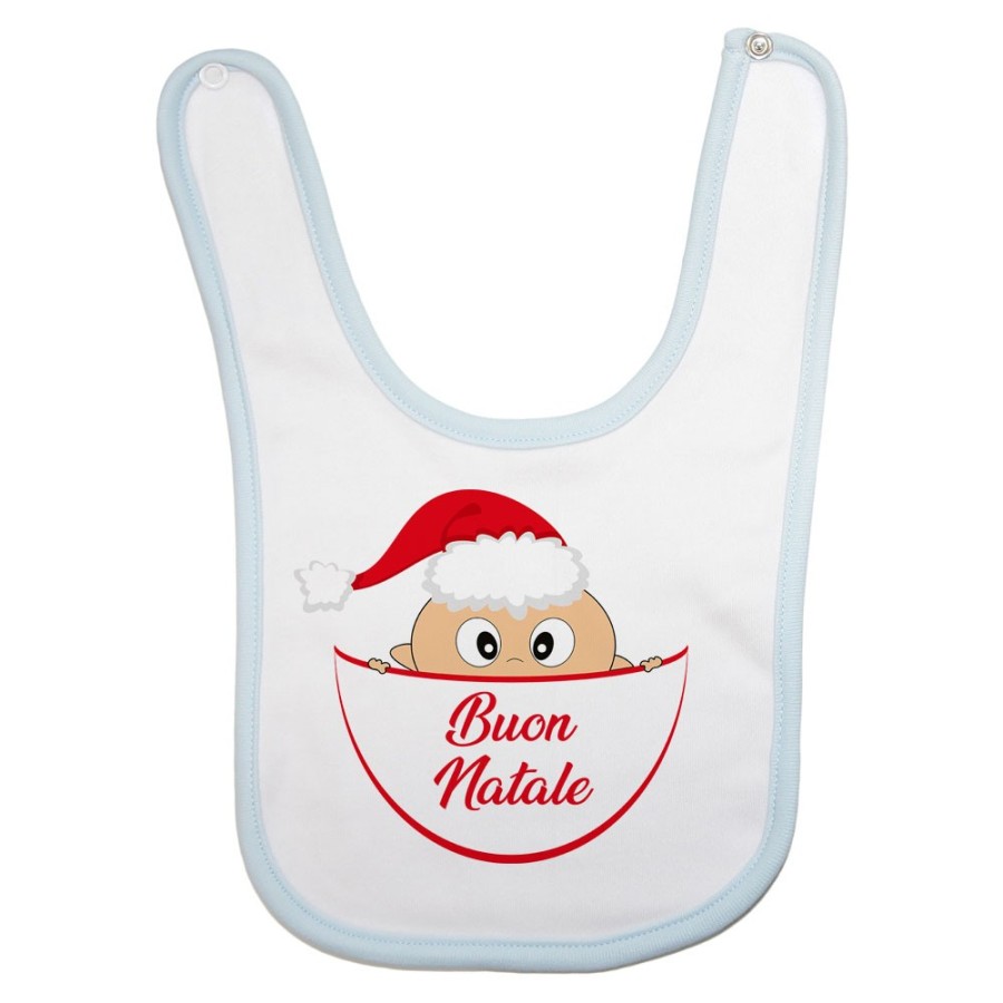 Bavaglino neonato bimbo che esce dalla tasca con cappello di babbo natale buon natale Natale