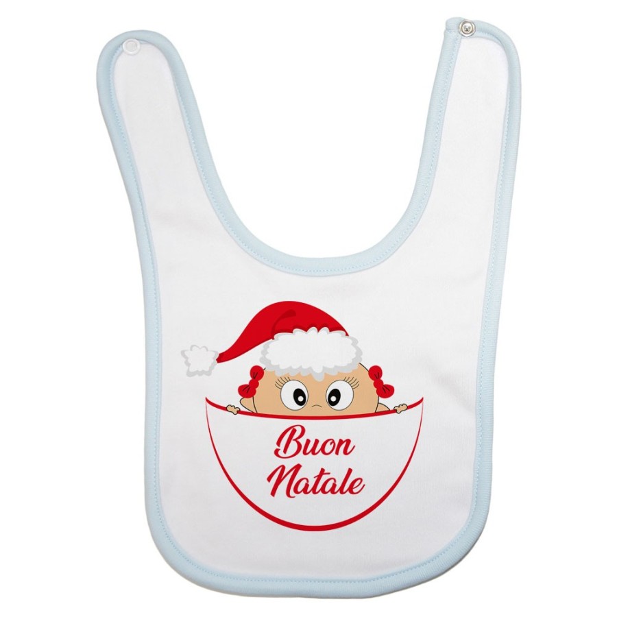 Bavaglino neonato bimbo che esce dalla tasca con cappello di babbo natale buon natale Natale