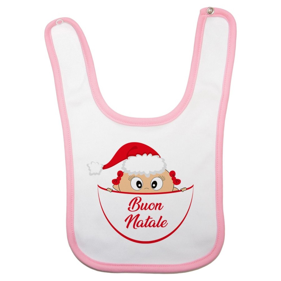 Bavaglino neonato bimbo che esce dalla tasca con cappello di babbo natale buon natale Natale