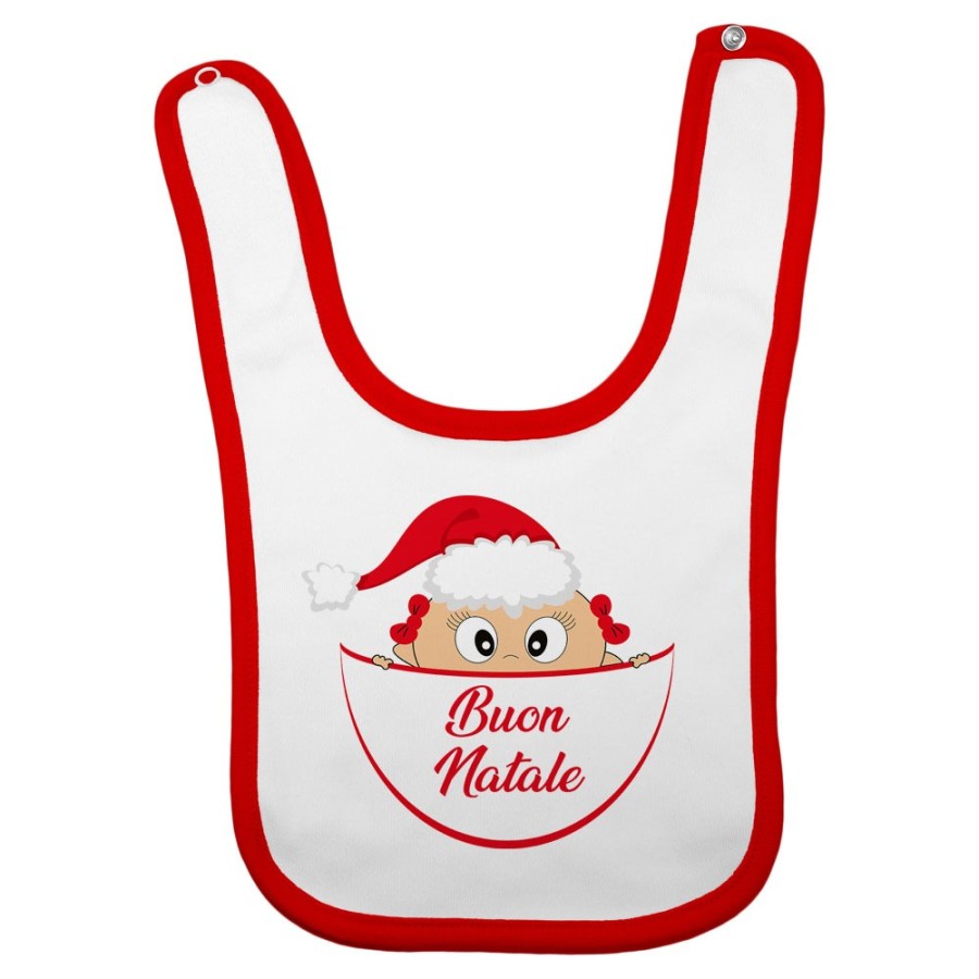 Bavaglino neonato bimbo che esce dalla tasca con cappello di babbo natale buon natale Natale