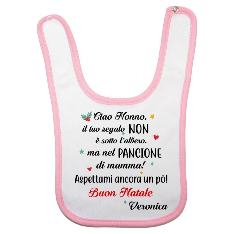 Bavaglino neonato personalizzato con nome nonna il tuo regalo è nel pancione di mamma Natale
