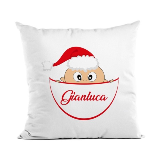 Cuscino personalizzato con nome bimba bimbo che esce dalla tasca con cappello natalizio Natale