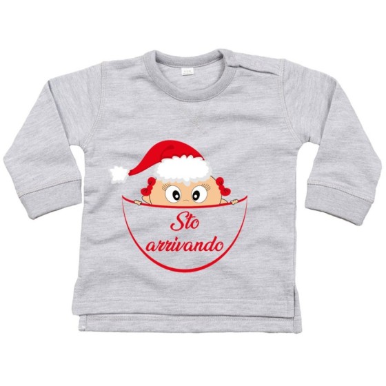 Felpa neonato bimbo che esce dalla tasca con cappello di babbo natale sto arrivando Natale