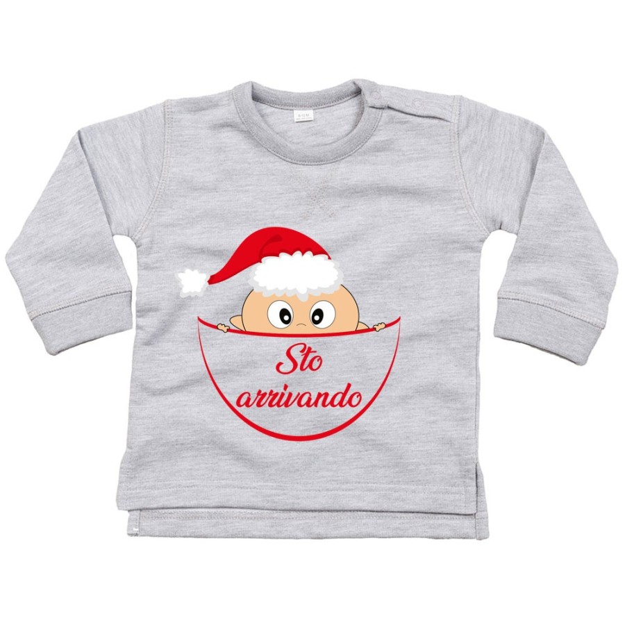 Felpa neonato bimbo che esce dalla tasca con cappello di babbo natale sto arrivando Natale