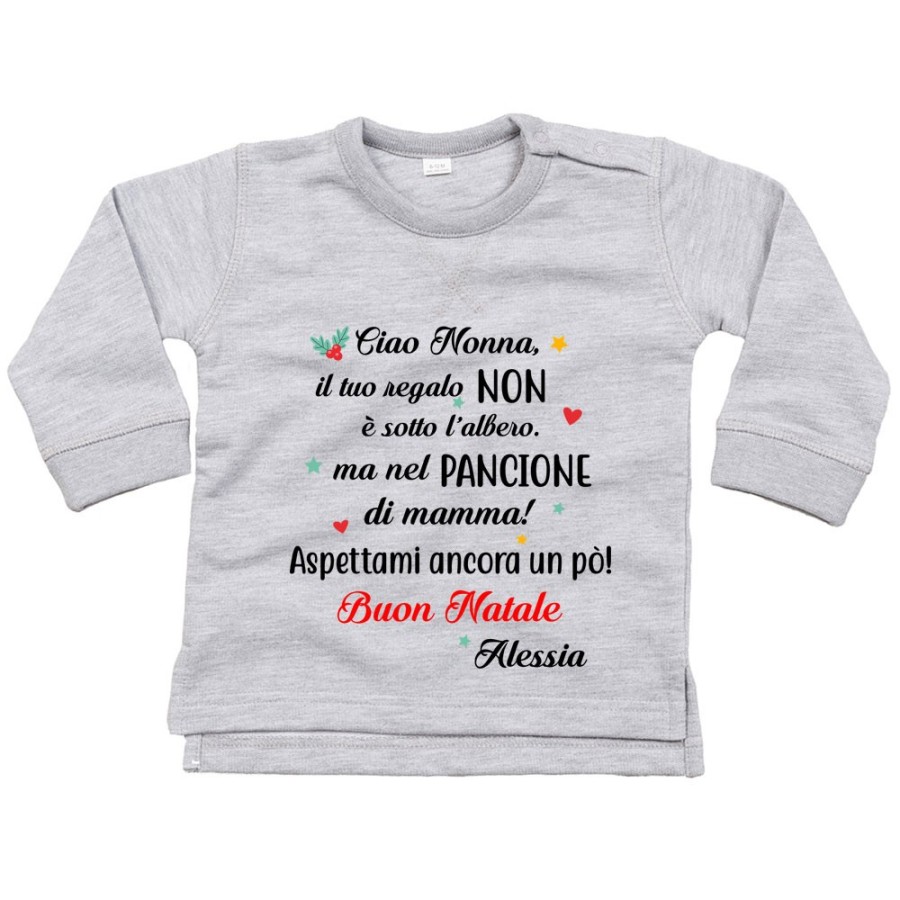 Felpa neonato personalizzata con nome nonna il tuo regalo è nel pancione di mamma Natale