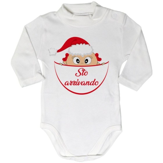 Body lupetto neonato bimbo che esce dalla tasca con cappello di babbo natale sto arrivando Natale