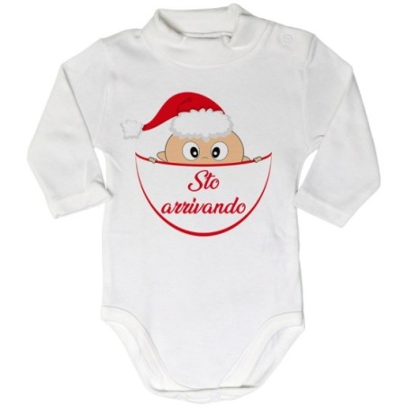 Body lupetto neonato bimbo che esce dalla tasca con cappello di babbo natale sto arrivando Natale