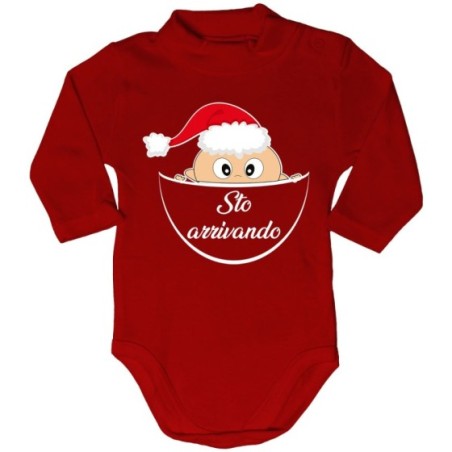 Body lupetto neonato bimbo che esce dalla tasca con cappello di babbo natale sto arrivando Natale