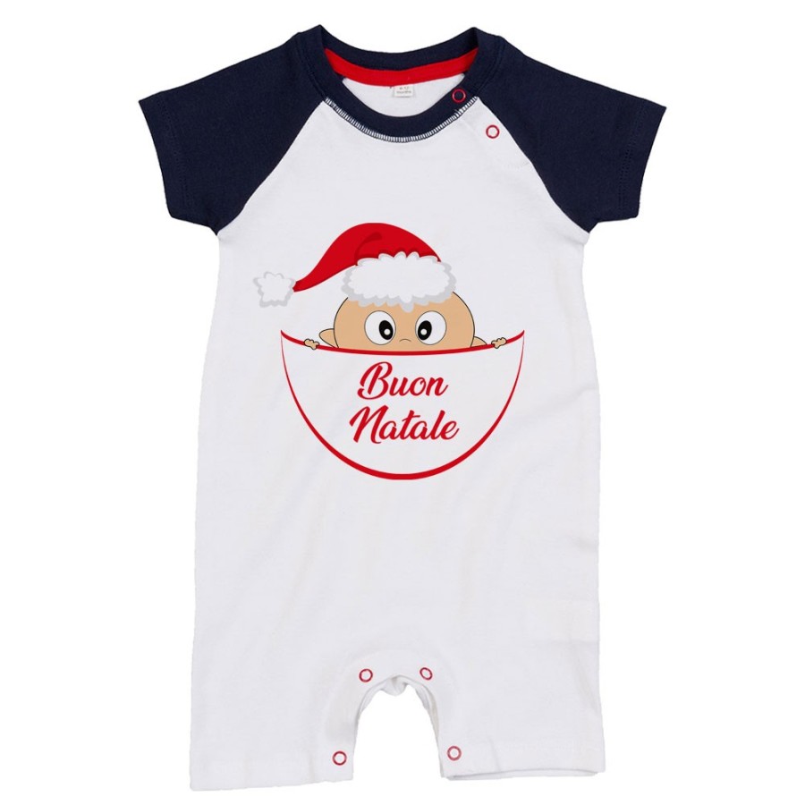 Pagliaccetto neonato bimbo che esce dalla tasca con cappello di babbo natale buon natale Natale