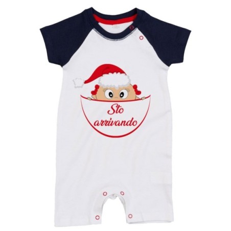 Pagliaccetto neonato bimbo che esce dalla tasca con cappello di babbo natale sto arrivando Natale