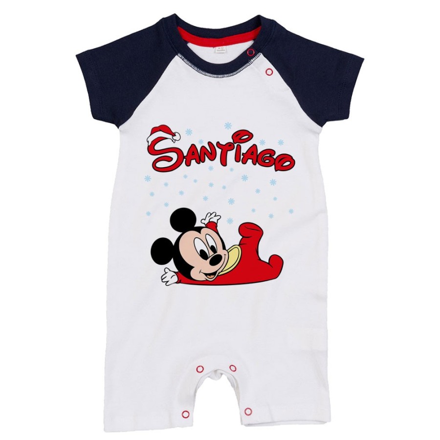 Pagliaccetto neonato personalizzato con nome baby topolino tra la neve Natale