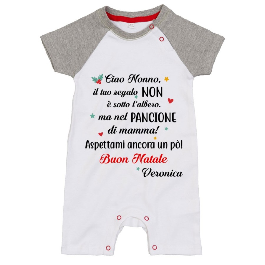 Pagliaccetto neonato personalizzato con nome nonna il tuo regalo è nel pancione di mamma Natale