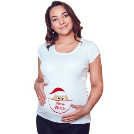 Maglia premaman bimbo - bimba che esce dalla tasca con cappello di babbo natale buon natale Natale