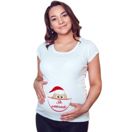 Maglia premaman bimba - bimbo che esce dalla tasca con cappello natalizio sto arrivando Natale