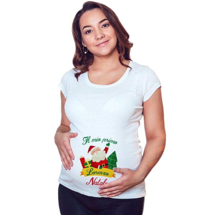 Maglia premaman personalizzata con nome il mio primo natale con babbo natale Natale