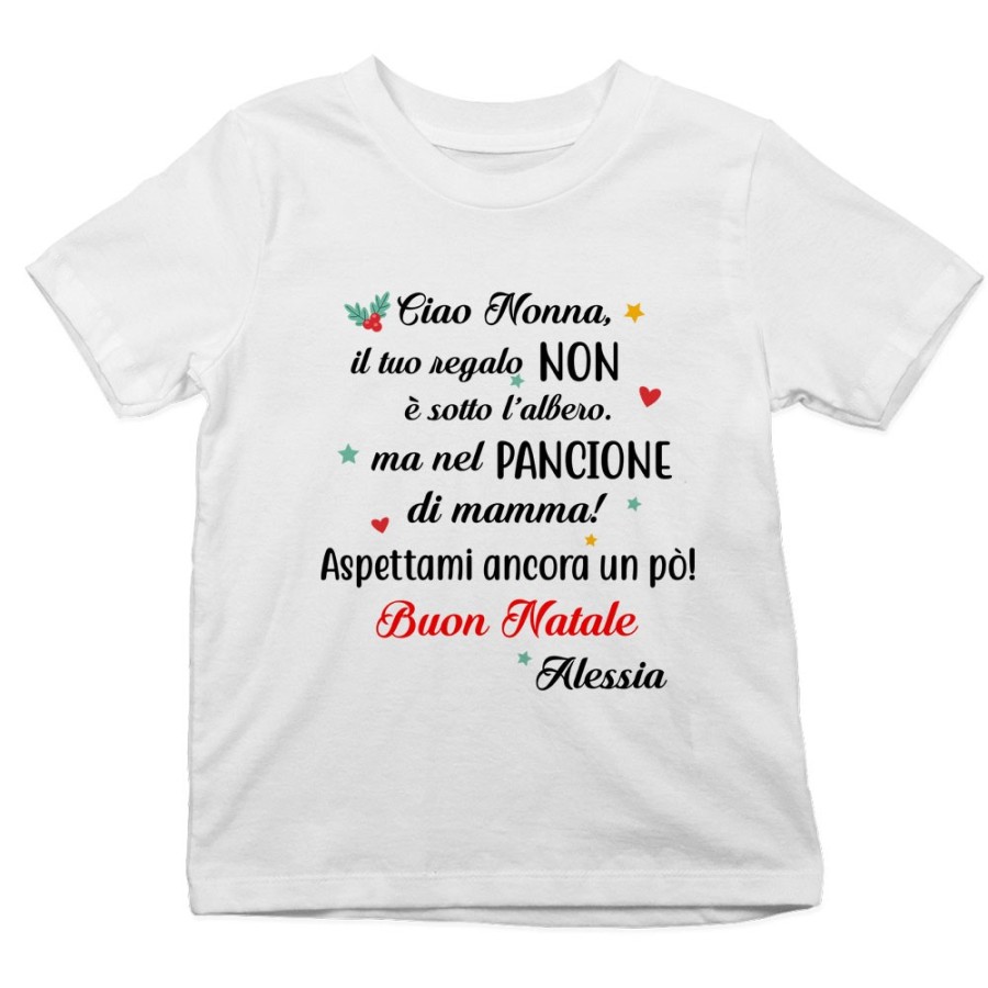 T-shirt bambino personalizzata con nome nonna il tuo regalo è nel pancione di mamma Natale