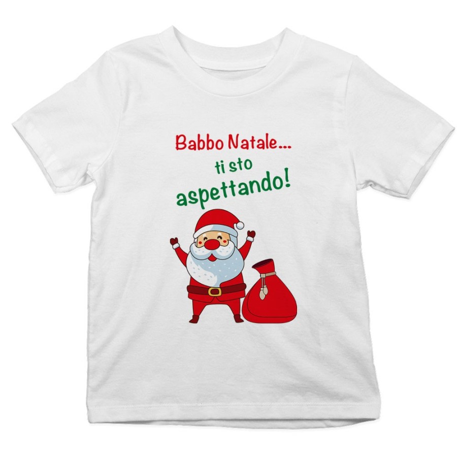 T-shirt bambino personalizzabile con nome babbo natale ti sto aspettando Natale