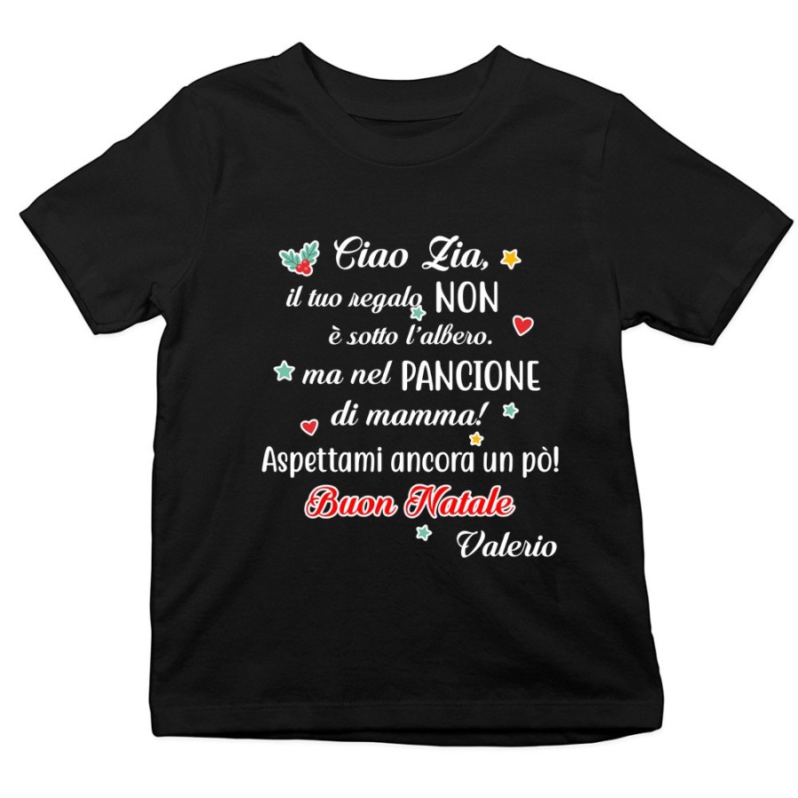 T-shirt bambino personalizzata con nome zia il tuo regalo è nel pancione di mamma Natale