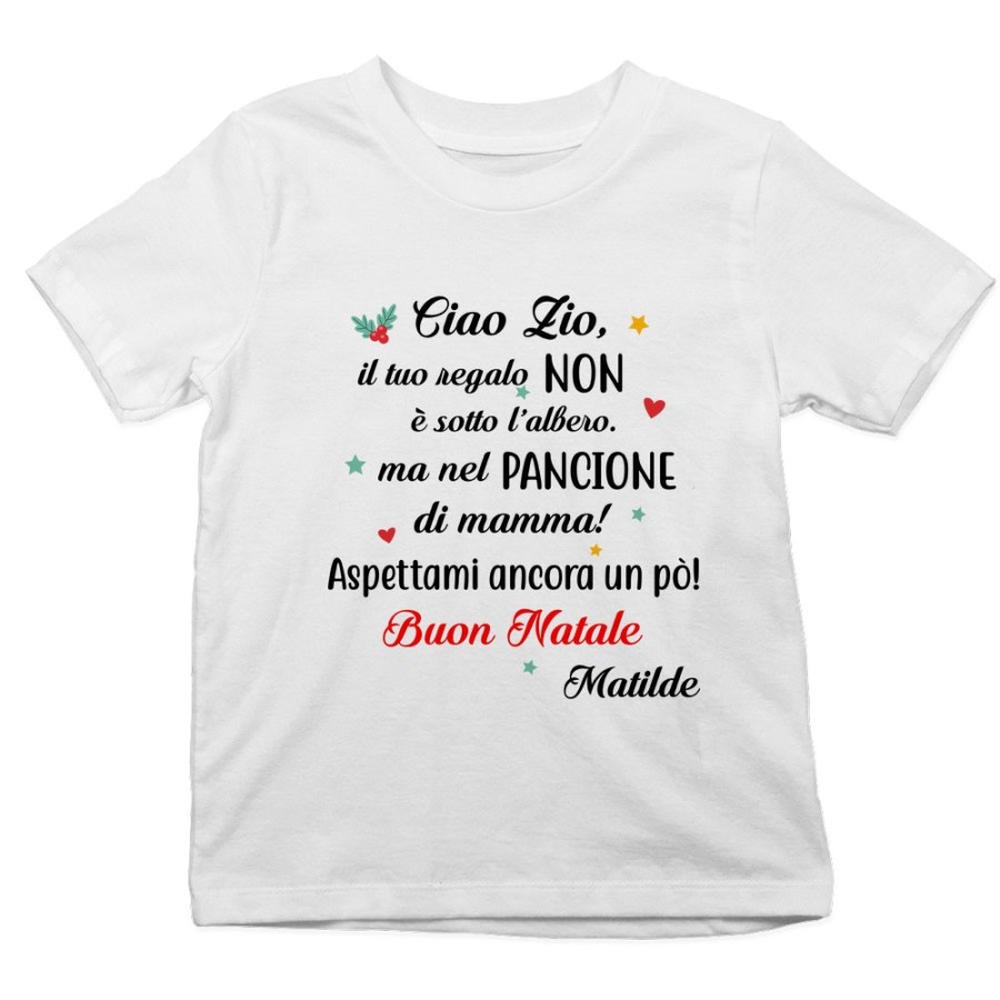 T-shirt bambino personalizzata con nome zia il tuo regalo è nel pancione di mamma Natale