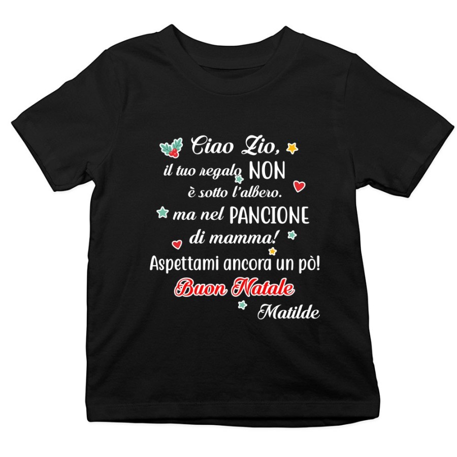 T-shirt bambino personalizzata con nome zia il tuo regalo è nel pancione di mamma Natale