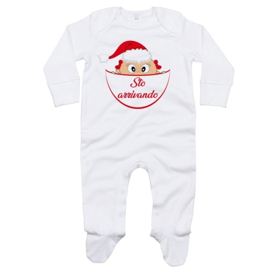 Tutina neonato bimbo che esce dalla tasca con cappello di babbo natale sto arrivando Natale