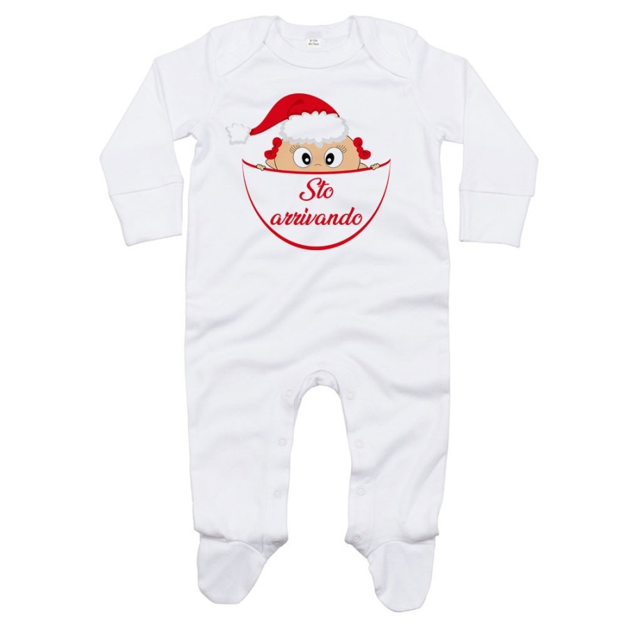 Tutina neonato bimbo che esce dalla tasca con cappello di babbo natale sto arrivando Natale
