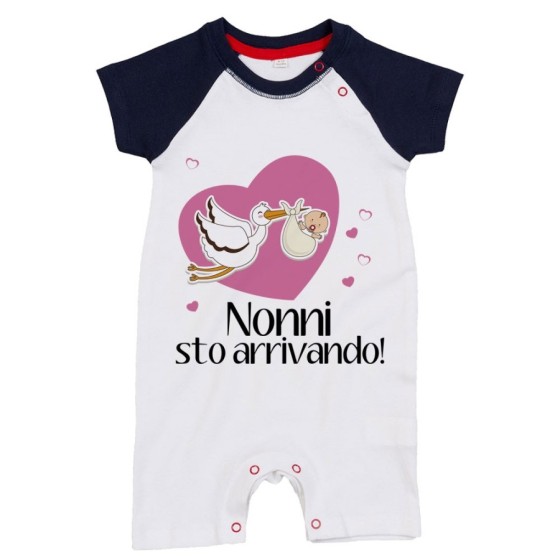 Pagliaccetto neonato nonno nonni sto arrivando con cicogna e cuoricini Per i nonni