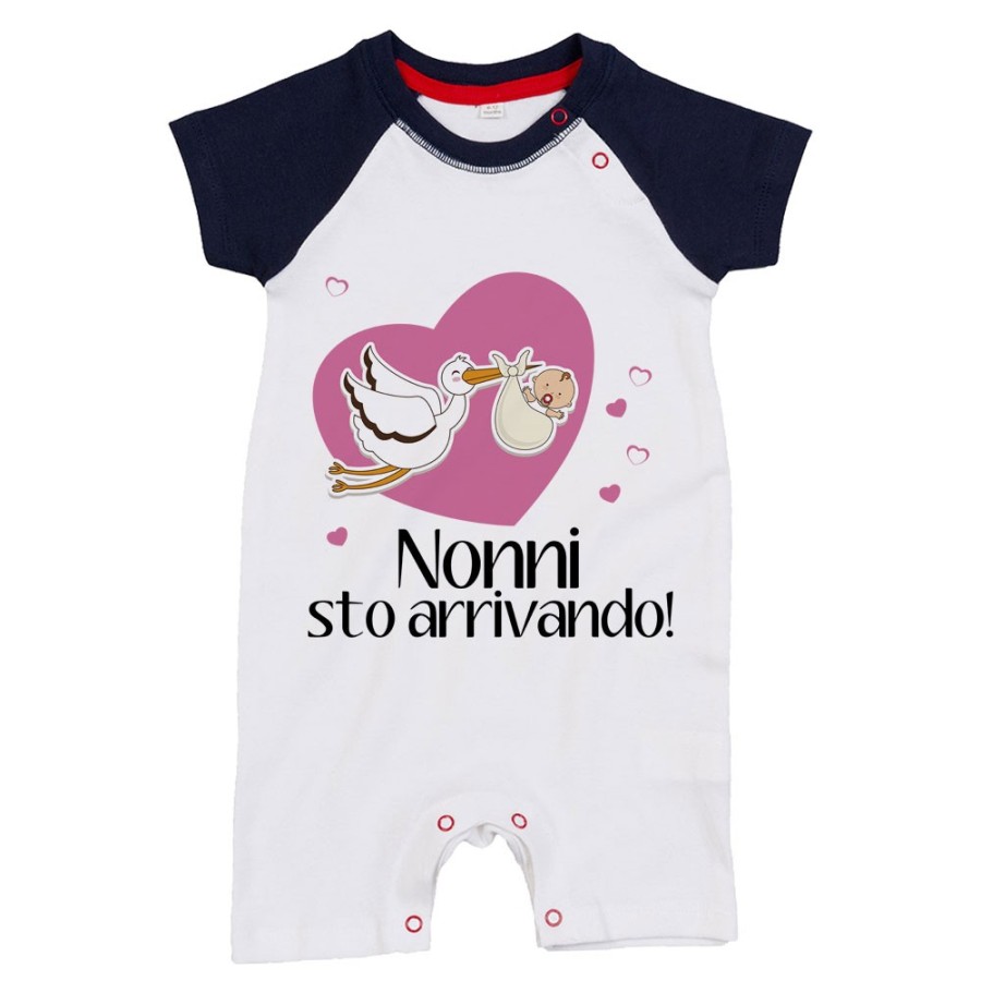 Pagliaccetto neonato nonno nonni sto arrivando con cicogna e cuoricini Per i nonni