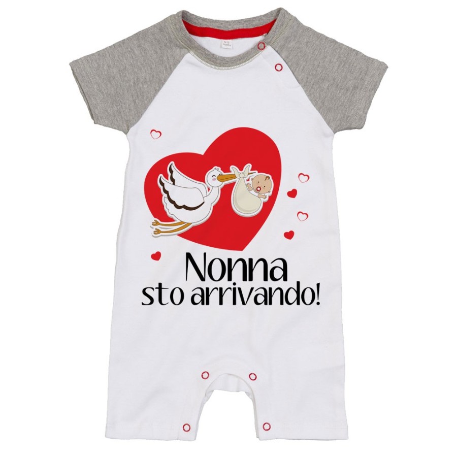 Pagliaccetto neonato nonno nonni sto arrivando con cicogna e cuoricini Per i nonni