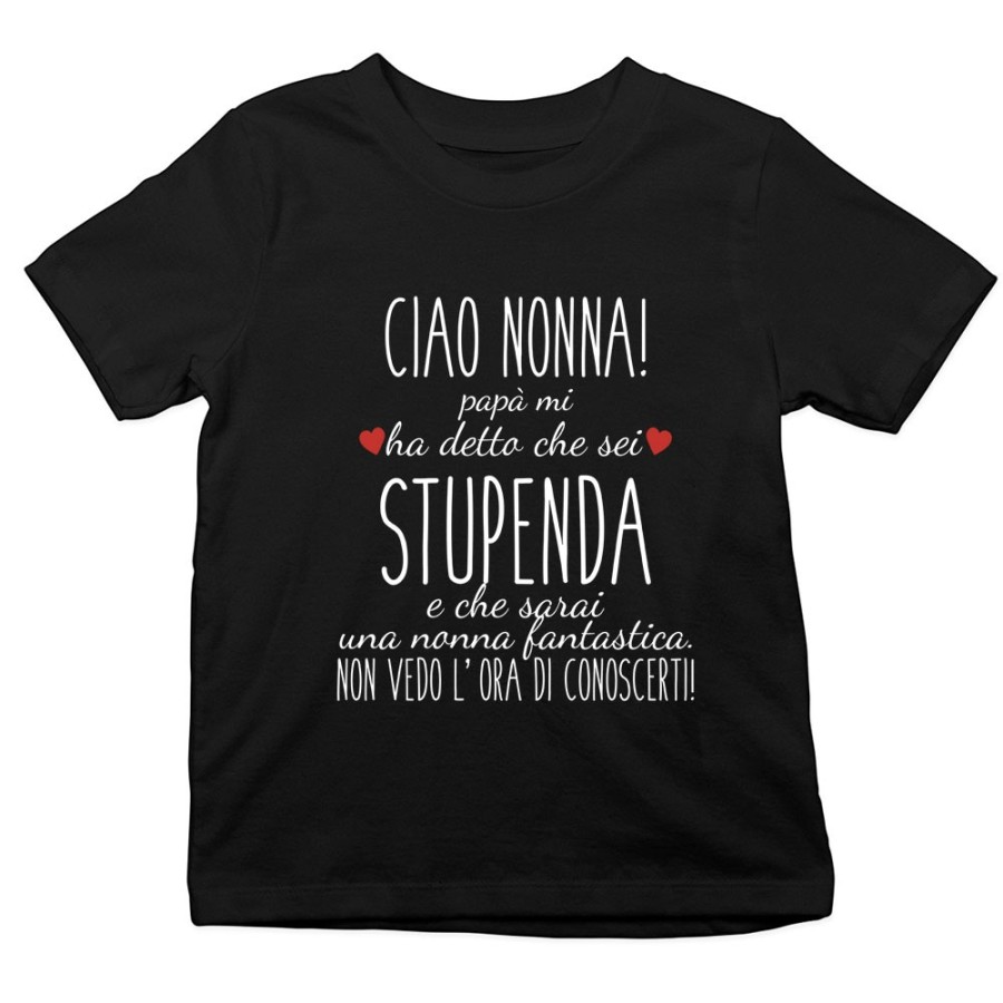 T-shirt bambino ciao nonni papà mi ha detto che siete stupendi non vedo l'ora di conoscervi Per i nonni