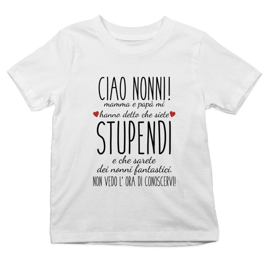 T-shirt bambino nonni mamma papà mi hanno detto che siete stupendi non vedo l'ora di conoscervi Per i nonni
