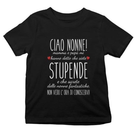T-shirt bambino nonni mamma papà mi hanno detto che siete stupendi non vedo l'ora di conoscervi Per i nonni