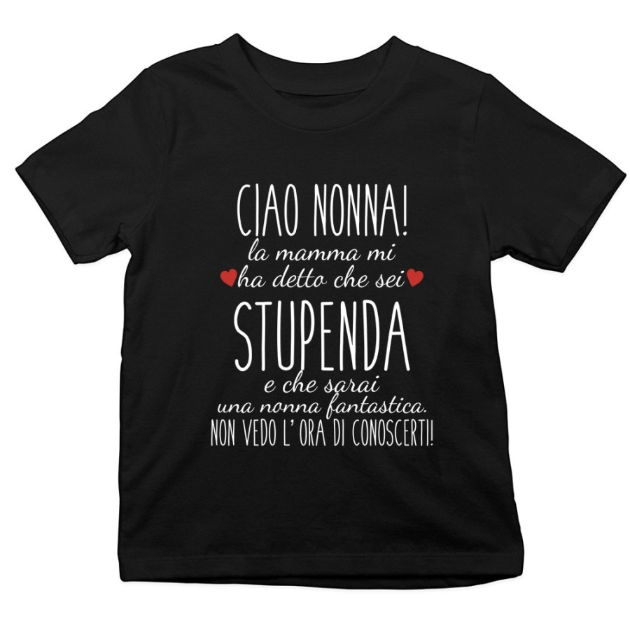 T-shirt bambino ciao nonni mamma mi ha detto che siete stupendi non vedo l'ora di conoscervi Per i nonni