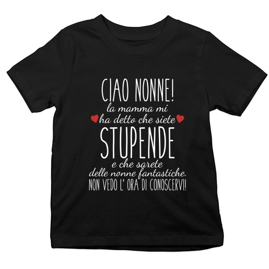 T-shirt bambino ciao nonni mamma mi ha detto che siete stupendi non vedo l'ora di conoscervi Per i nonni