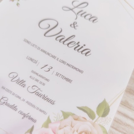 Invito matrimonio fiori rosa e cornice effetto oro in pvc riciclato Sposi